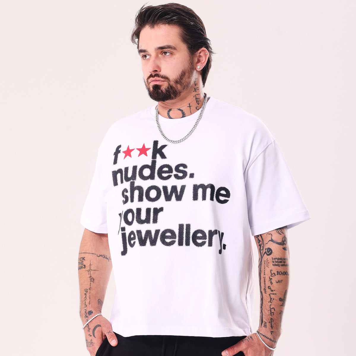 F**k Nudes Show Me Your Jewelry White Boxy Fit T-Shirt