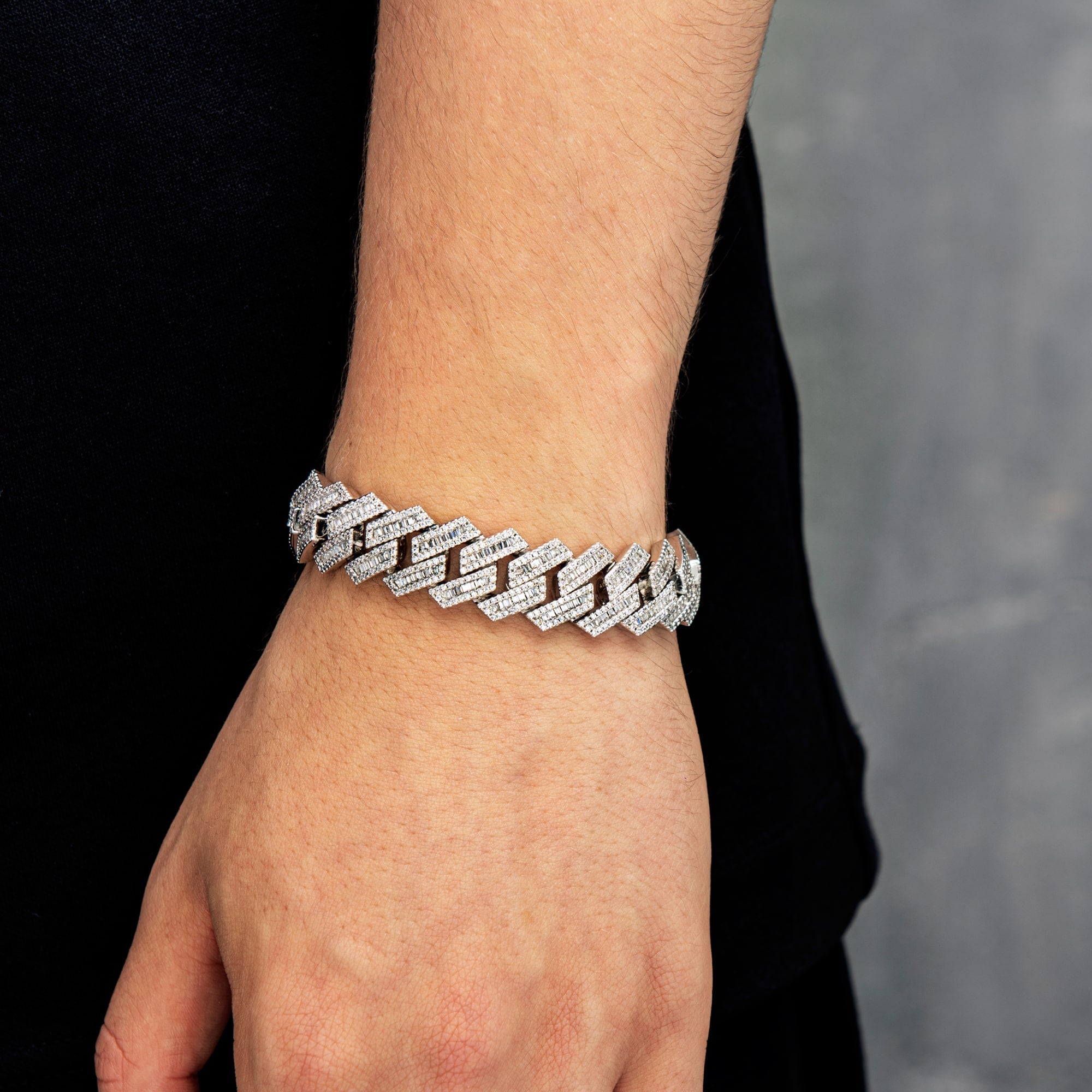 Baguette Prong Cuban Link Bracelet 15mm White Gold