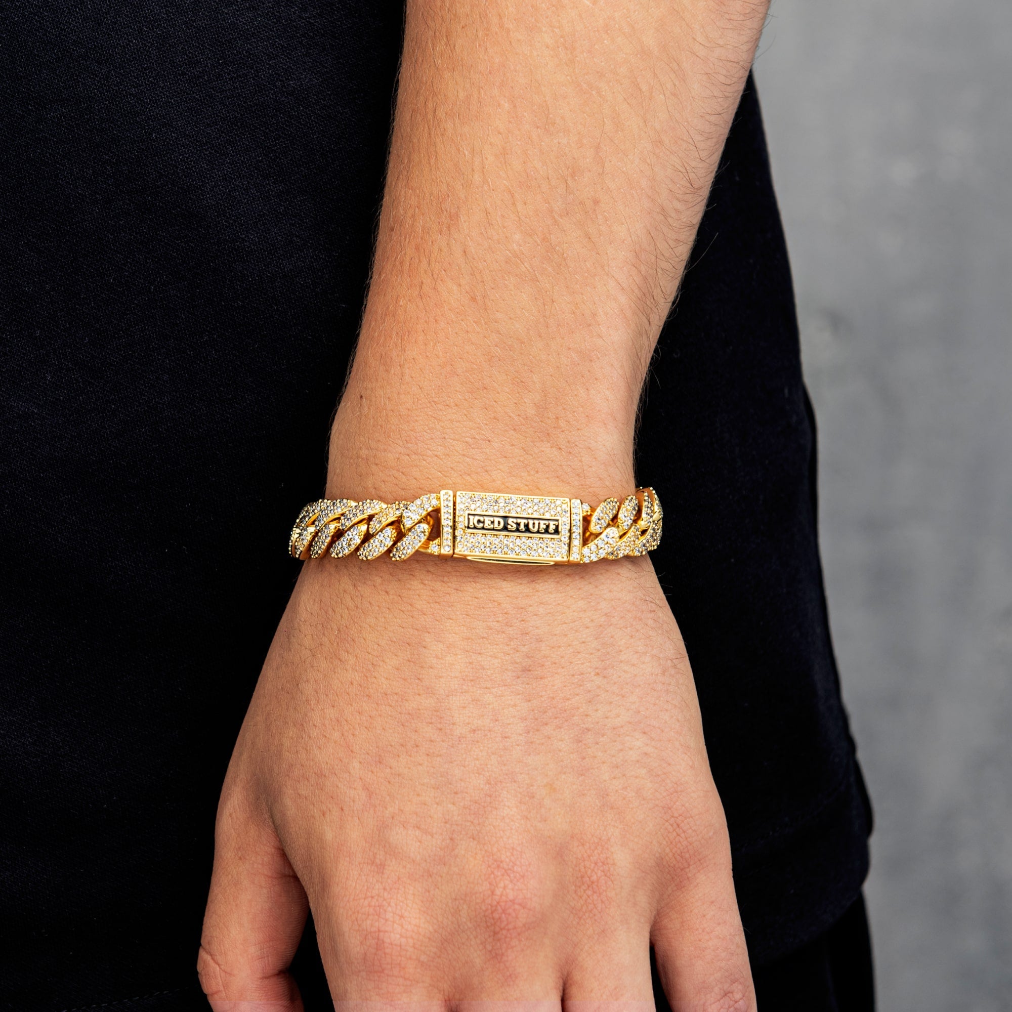 Pulsera de eslabones cubanos con diamantes de primera calidad, oro de 12 mm