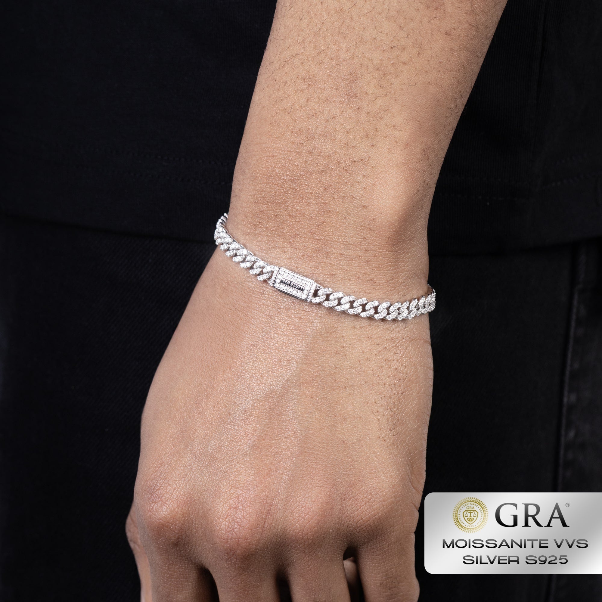 Bracelet à maillons cubains en or blanc 925 et diamants, moissanite de 6 mm