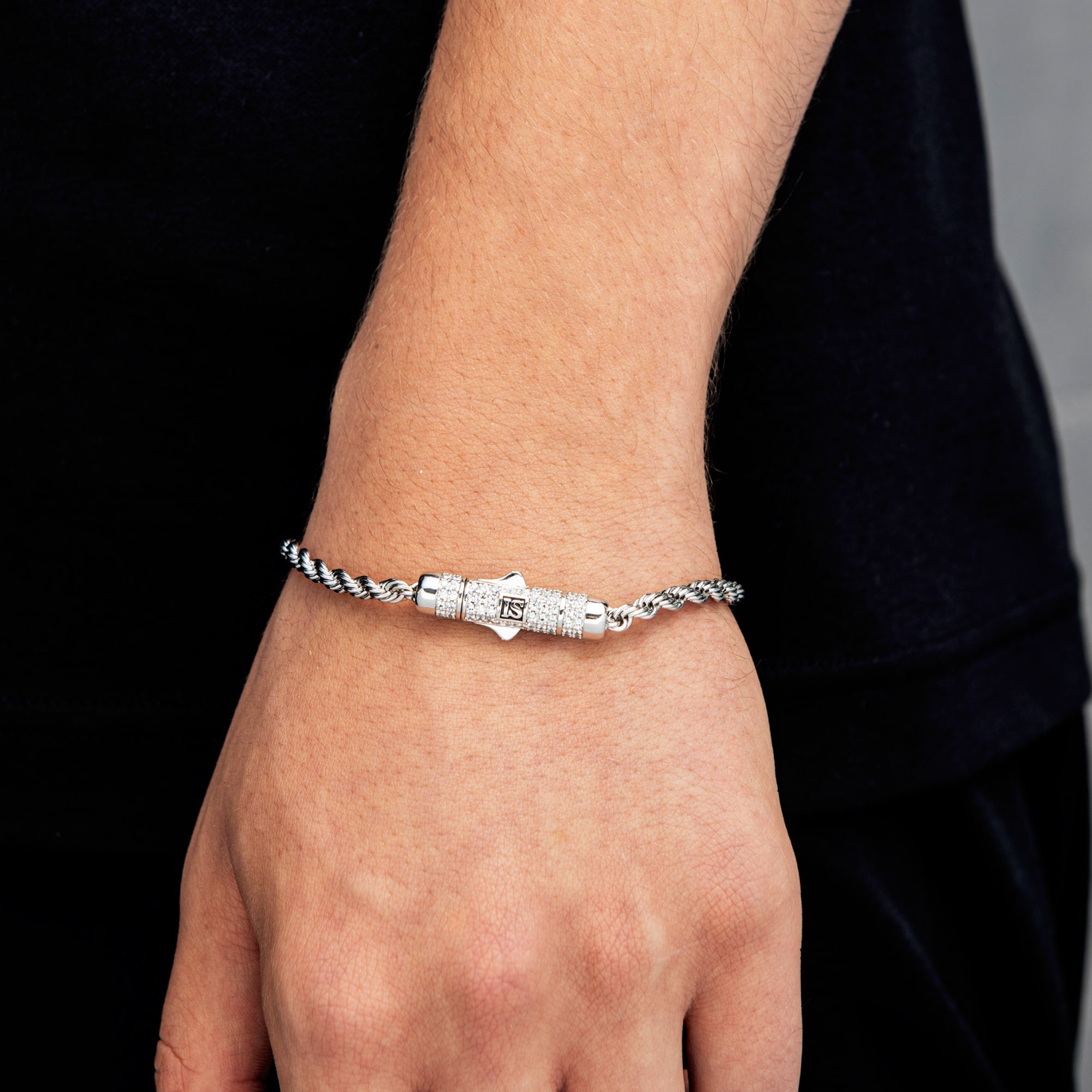 Rope Bracelet 4mm Diamond Clasp White Gold