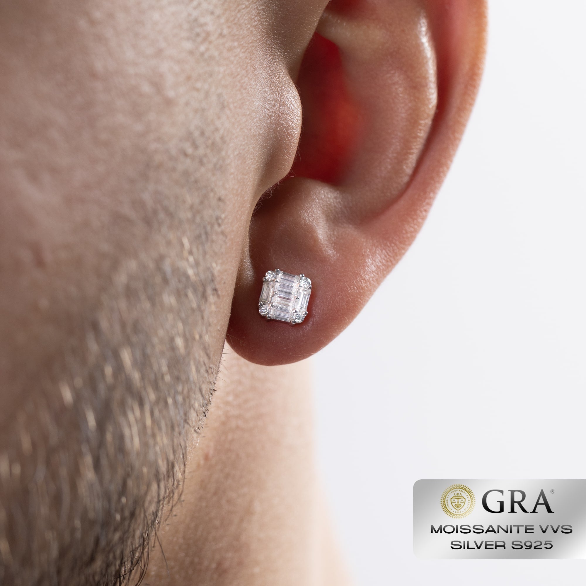 Baguette Stud Moissanite Earrings VVS S925 White Gold