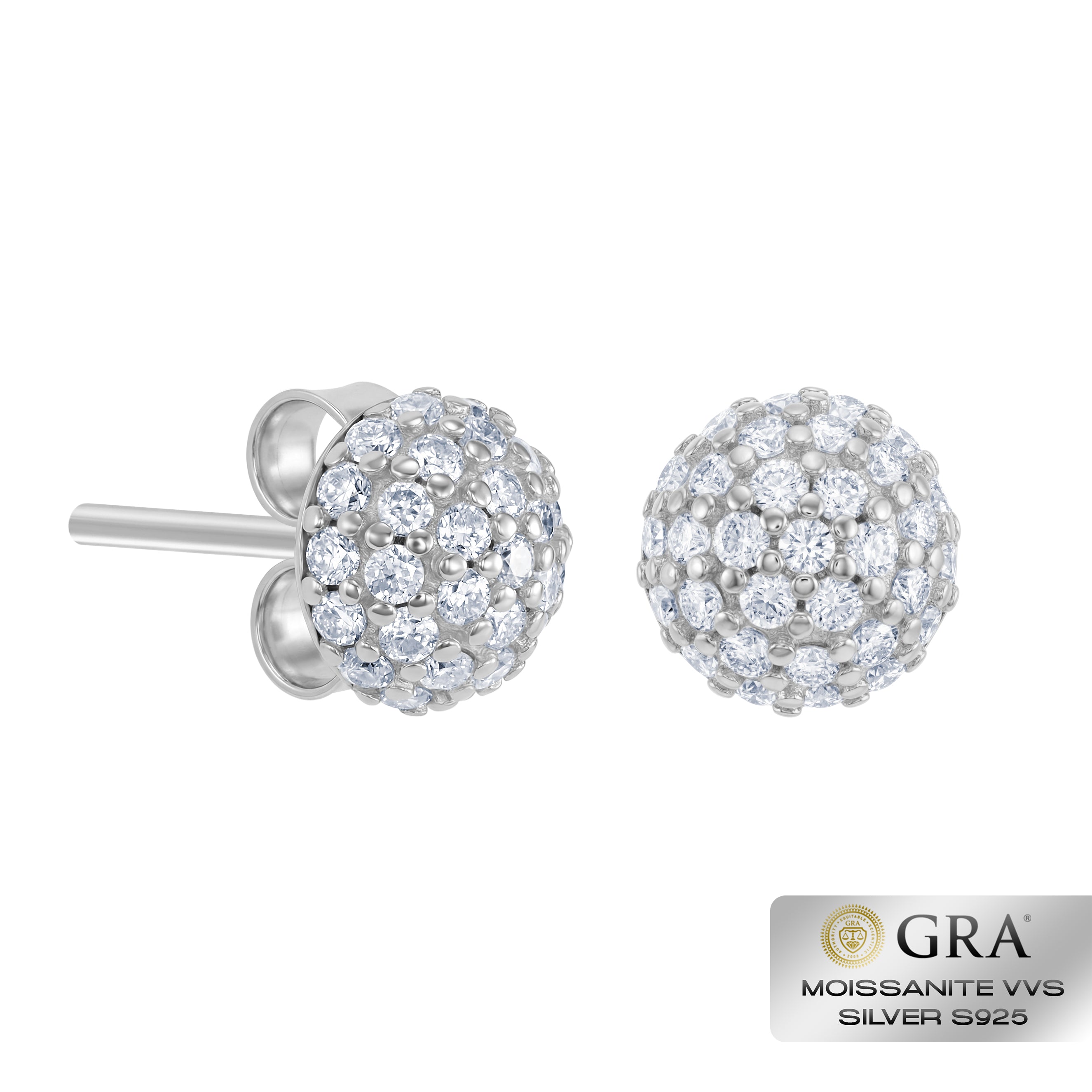 Diamond Half Ball Stud Earrings VVS S925 White Gold
