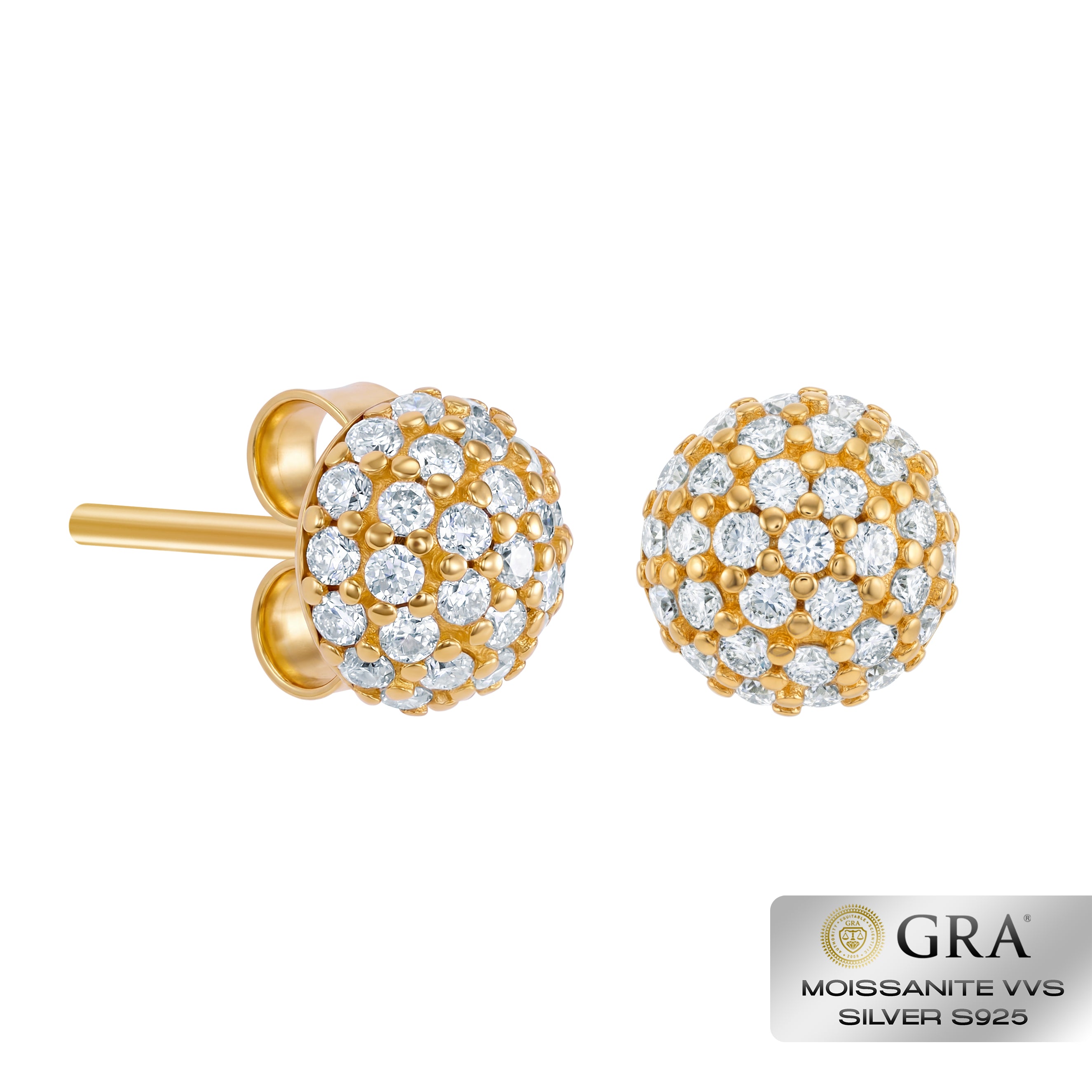 Diamond Half Ball Stud Earrings VVS S925 Gold