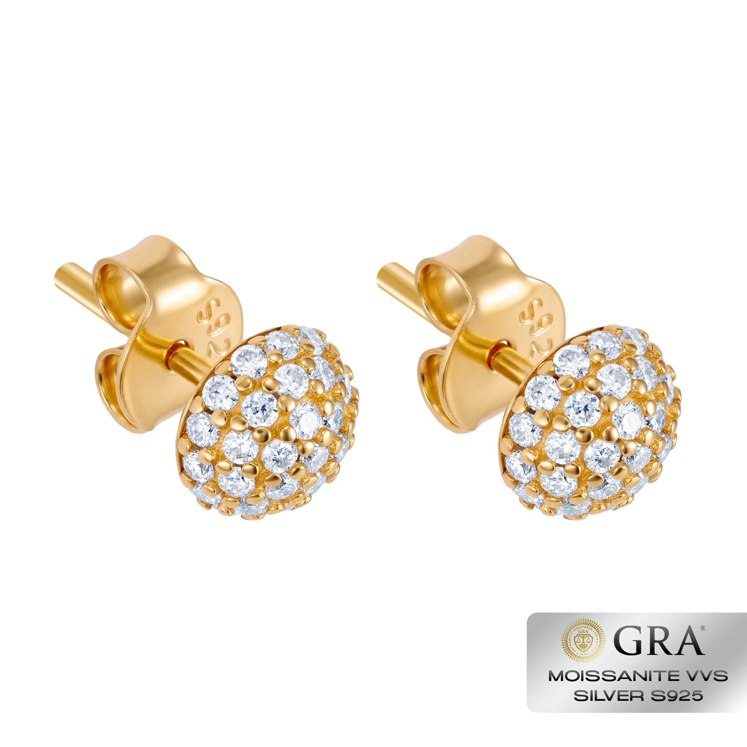 Diamond Half Ball Stud Earrings VVS S925 Gold