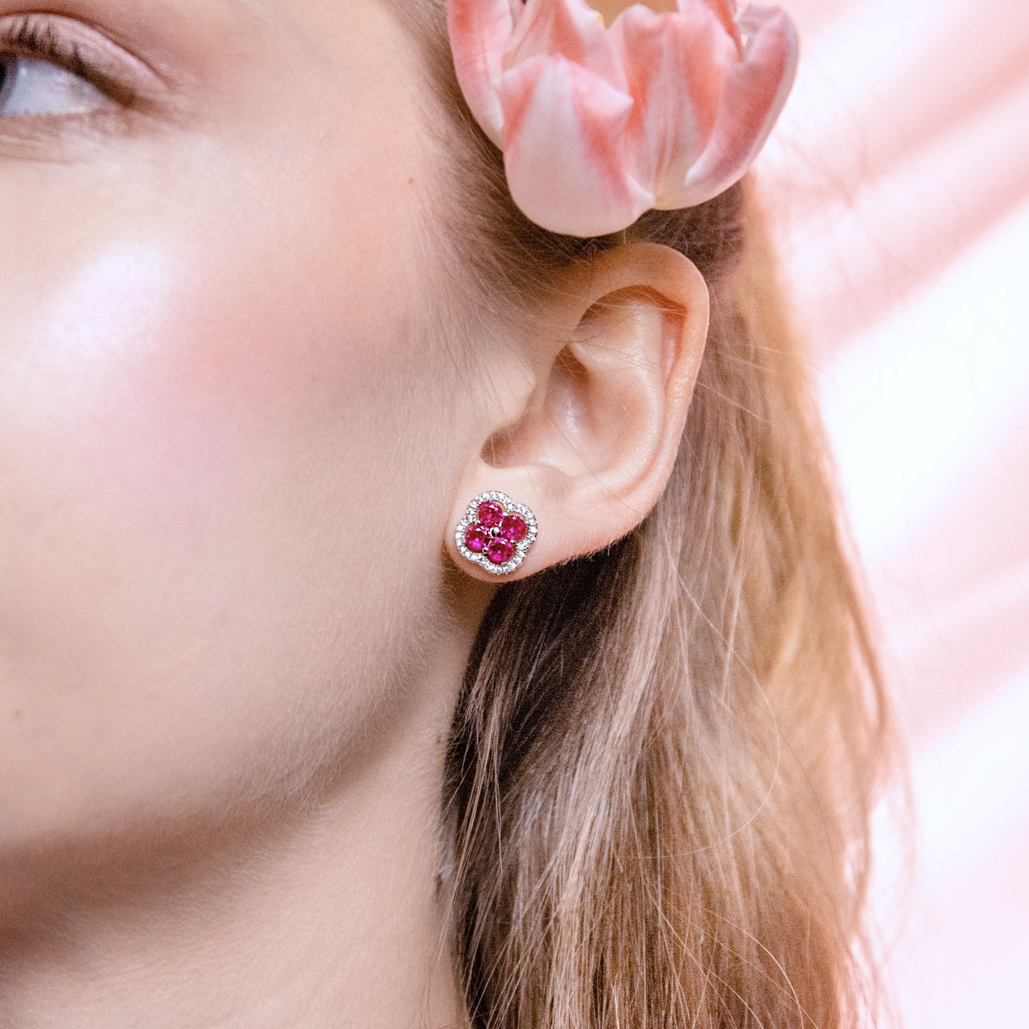 Daisy Pink Earrings White Gold Flower S925