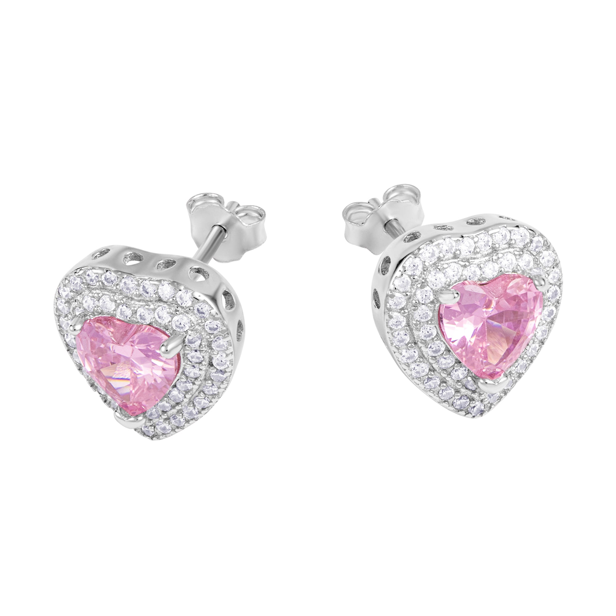 Love Heart Pink Earrings, White Gold Heart S925