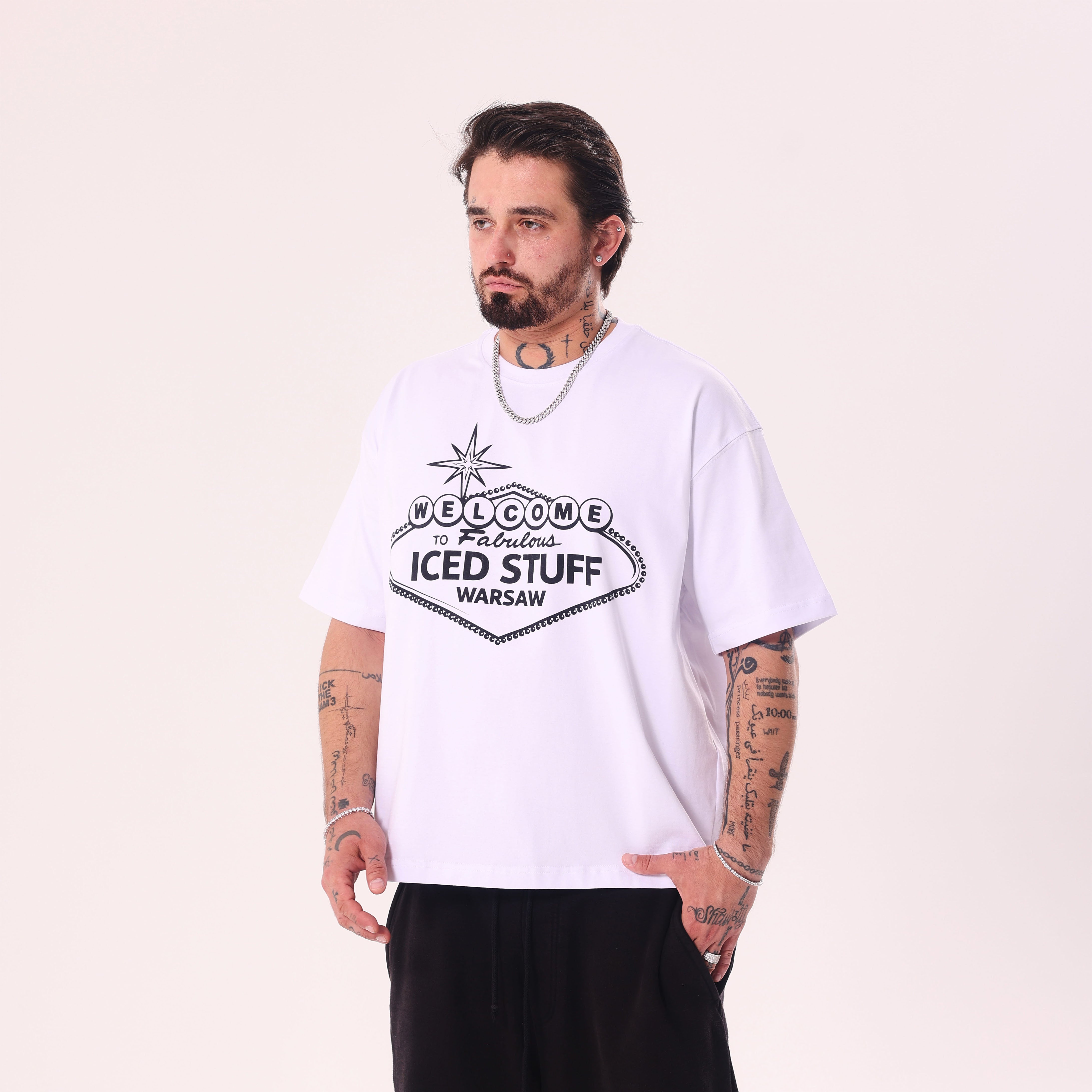 Welcome to ICED STUFF White Boxy Fit T-Shirt