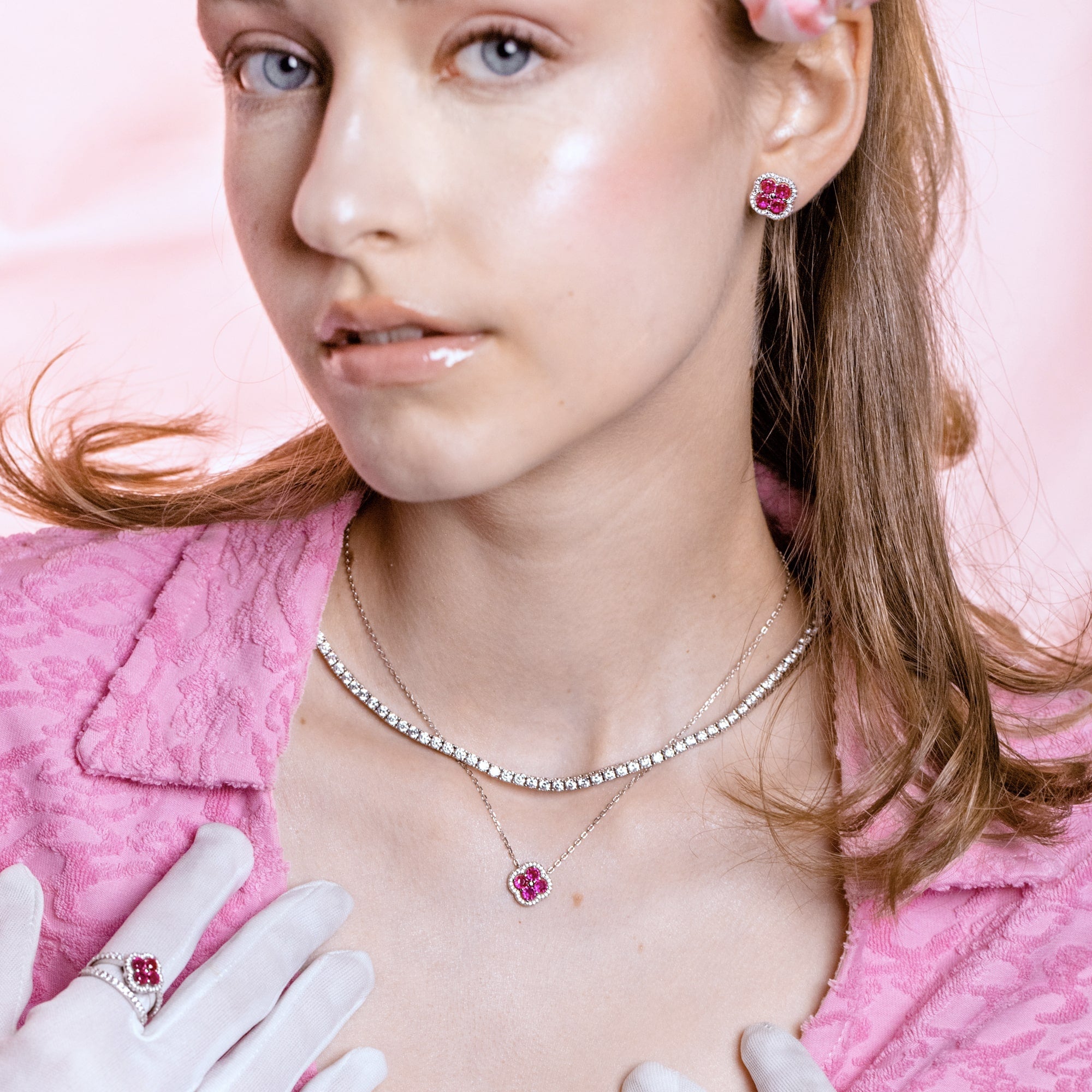 Daisy Pink Necklace in White Gold Flower S925