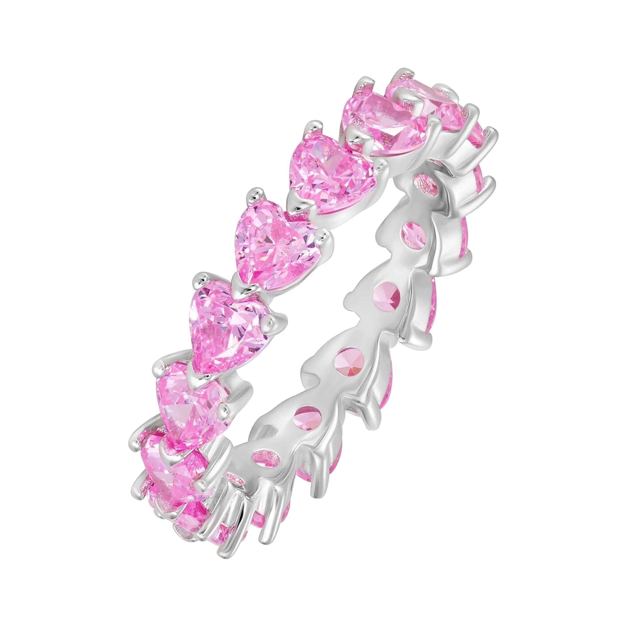 Tennis Heart Eternity Pink Ring in White Gold S925