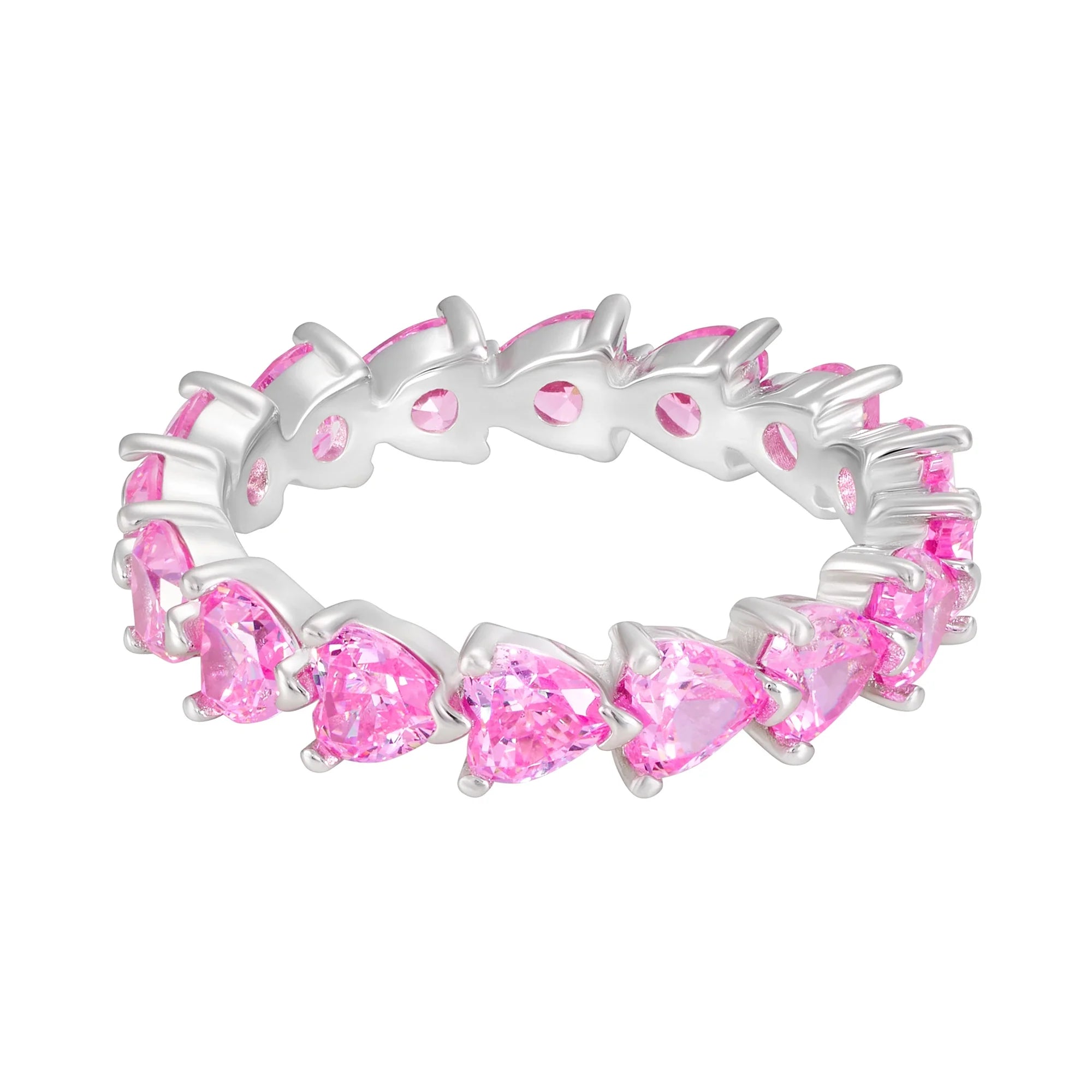 Tennis Heart Eternity Pink Ring in White Gold S925