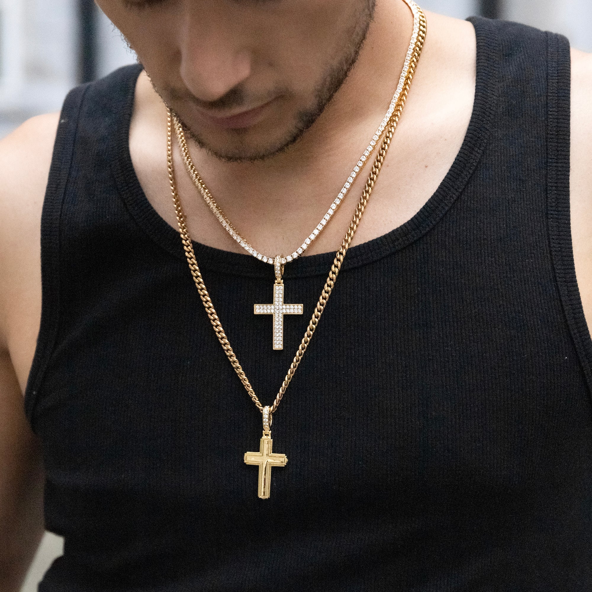 Iced Cross Pendant Double-Sided Cross Gold