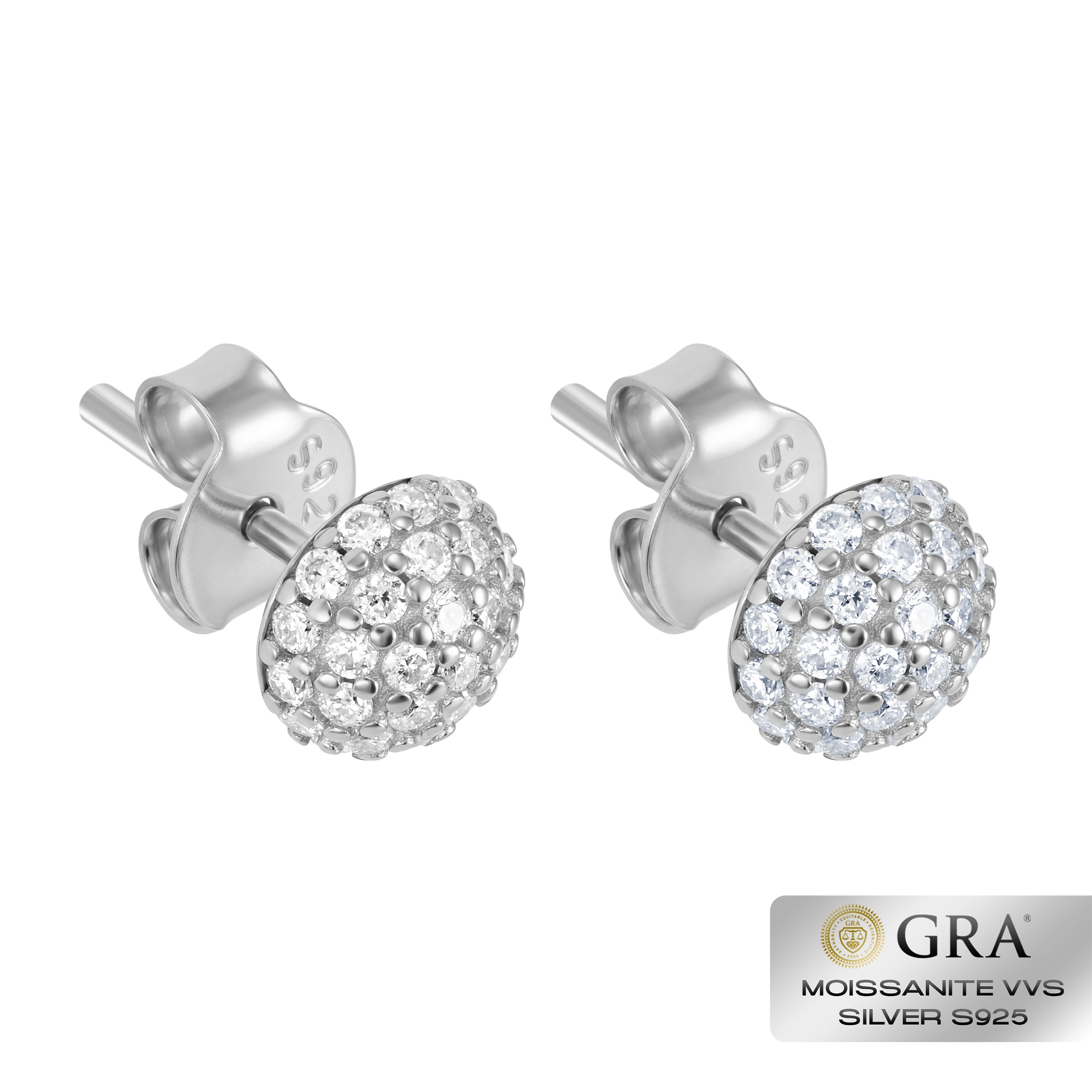 Diamond Half Ball Stud Earrings VVS S925 White Gold