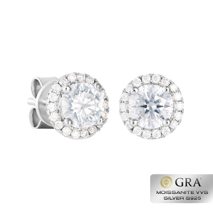 Boucles d'oreilles à tige en or blanc S925 avec halo de diamants et moissanite 1 carat VVS