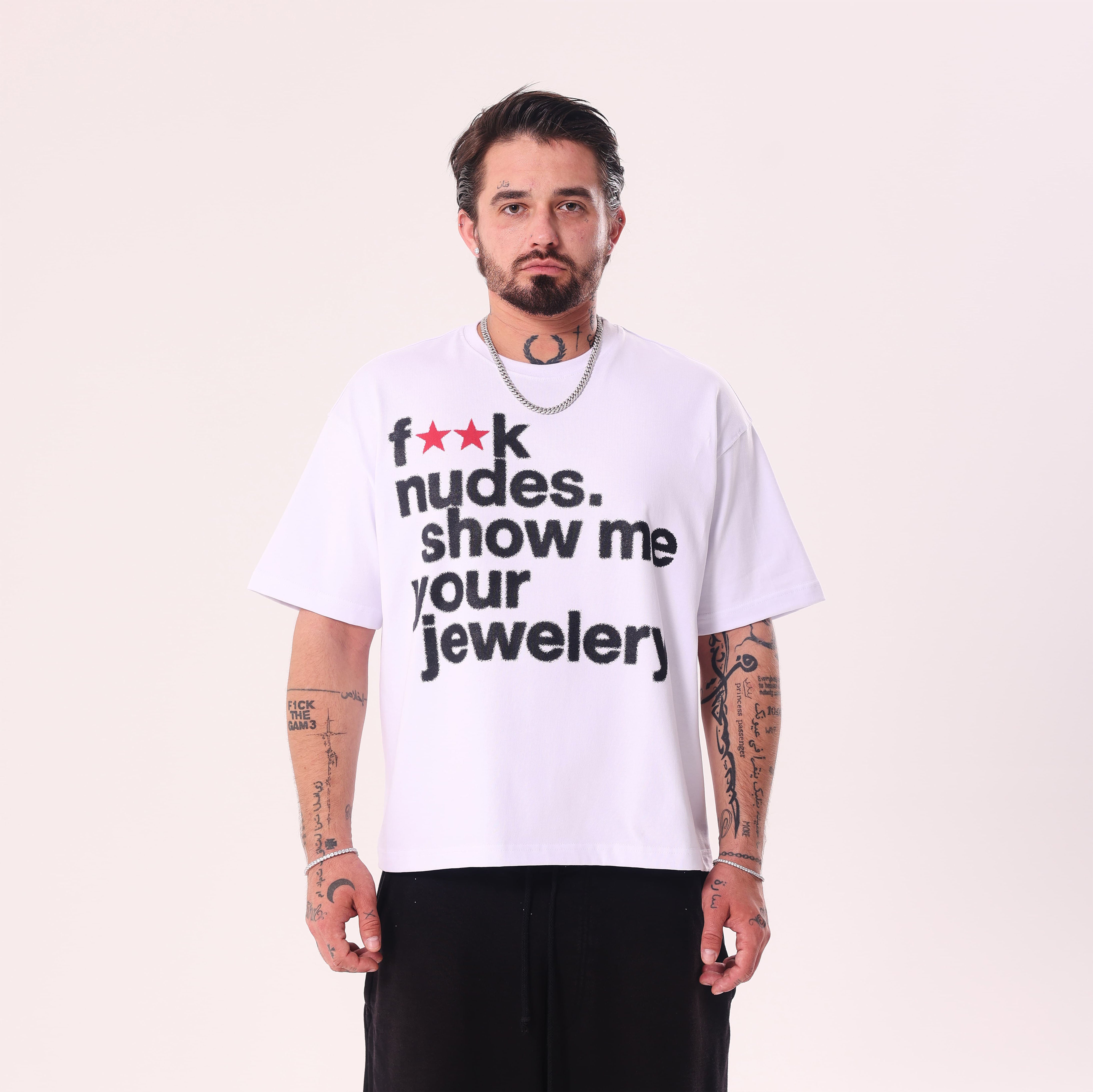 F**k Nudes Show Me Your Jewelry White Boxy Fit T-Shirt