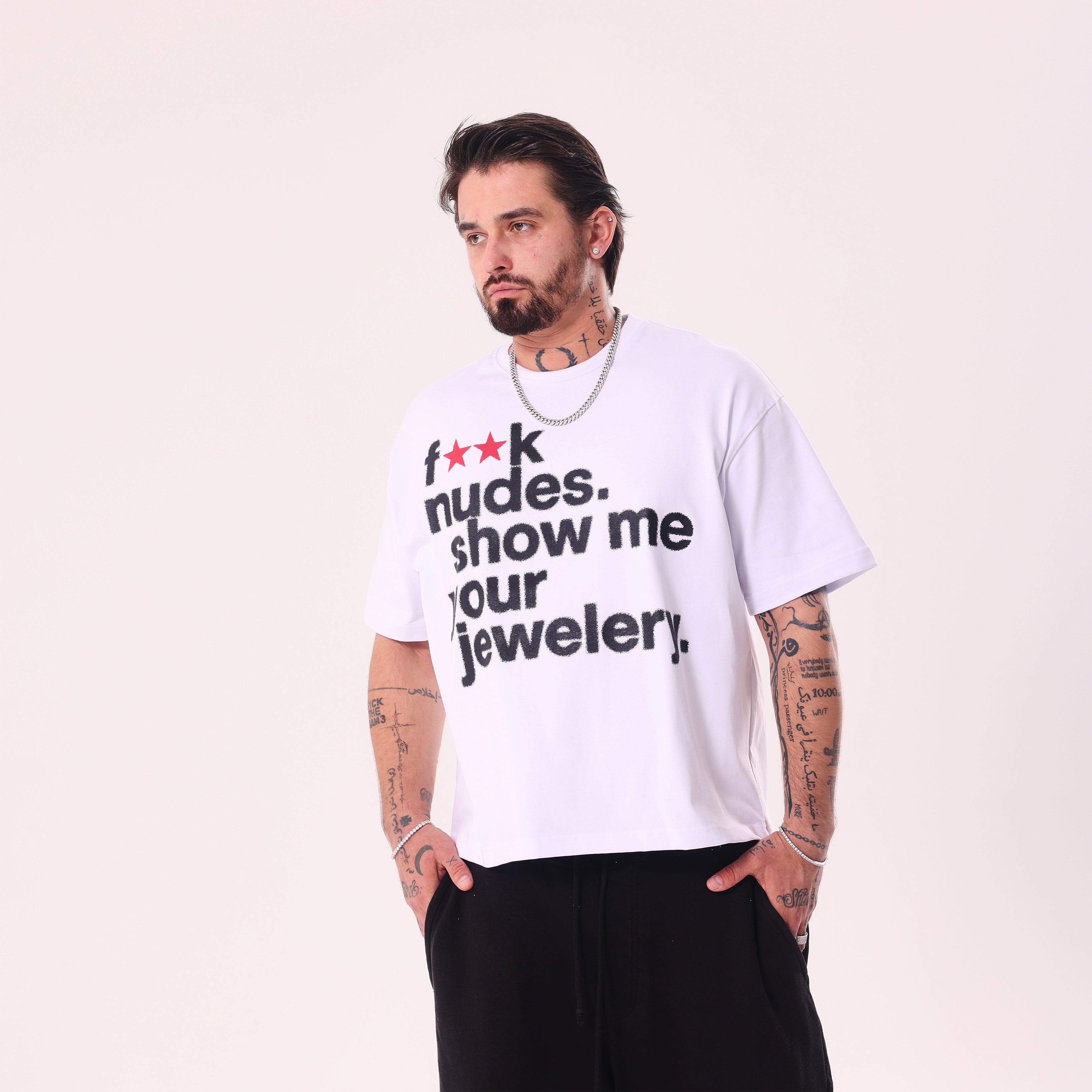 F**k Nudes Show Me Your Jewelry White Boxy Fit T-Shirt