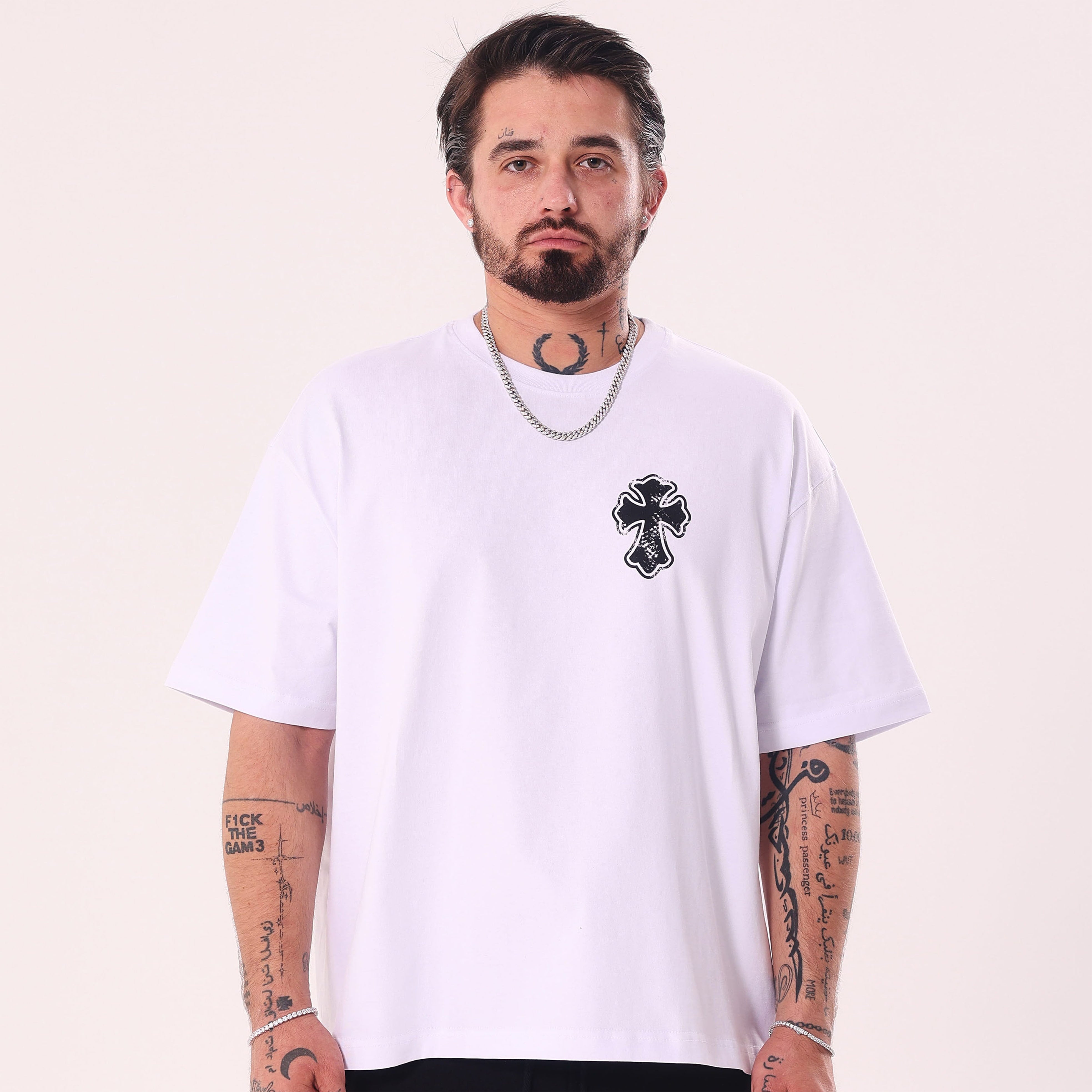 IS Gothic Cross White Boxy Fit T-Shirt