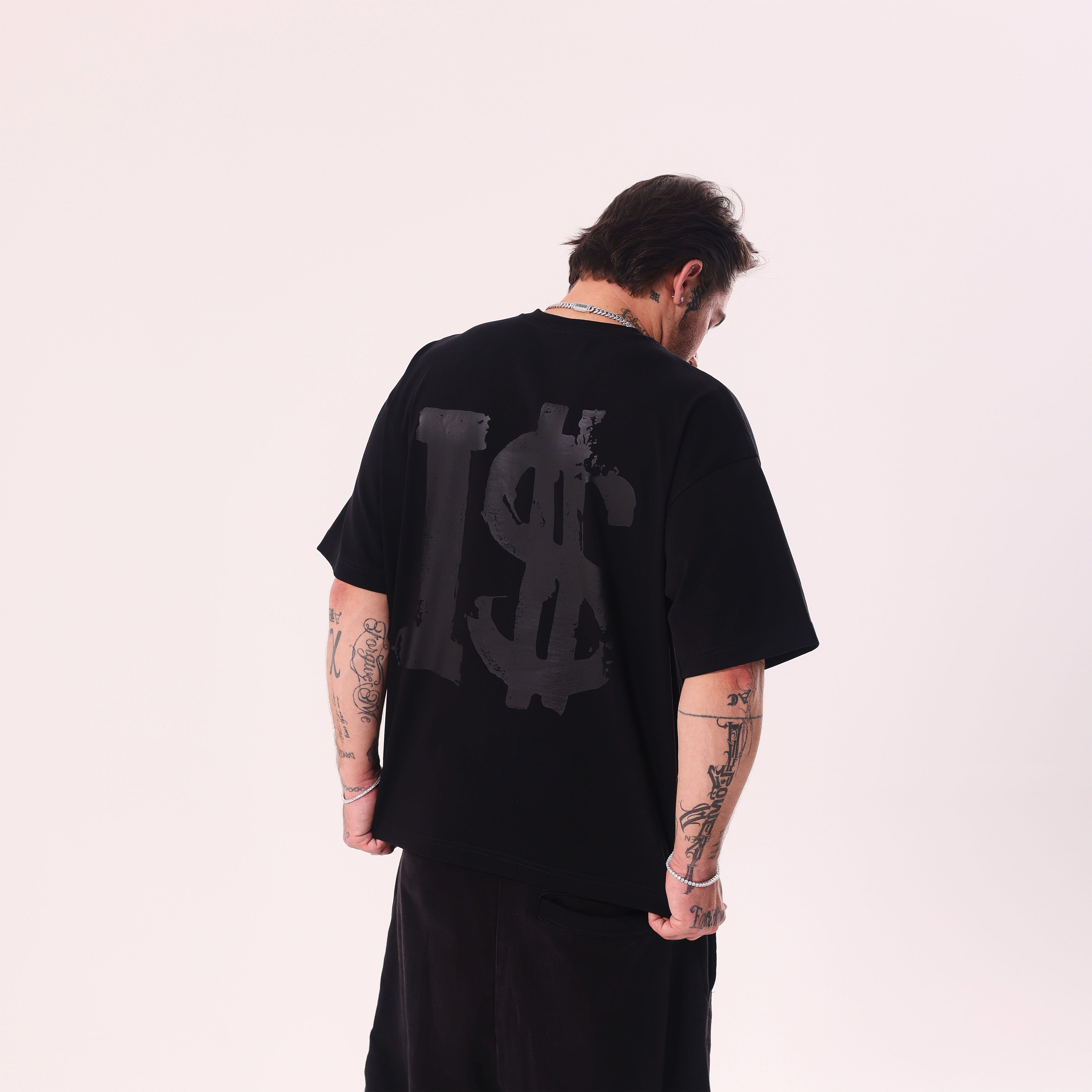 I$ Leather Print Black Boxy Fit T-Shirt