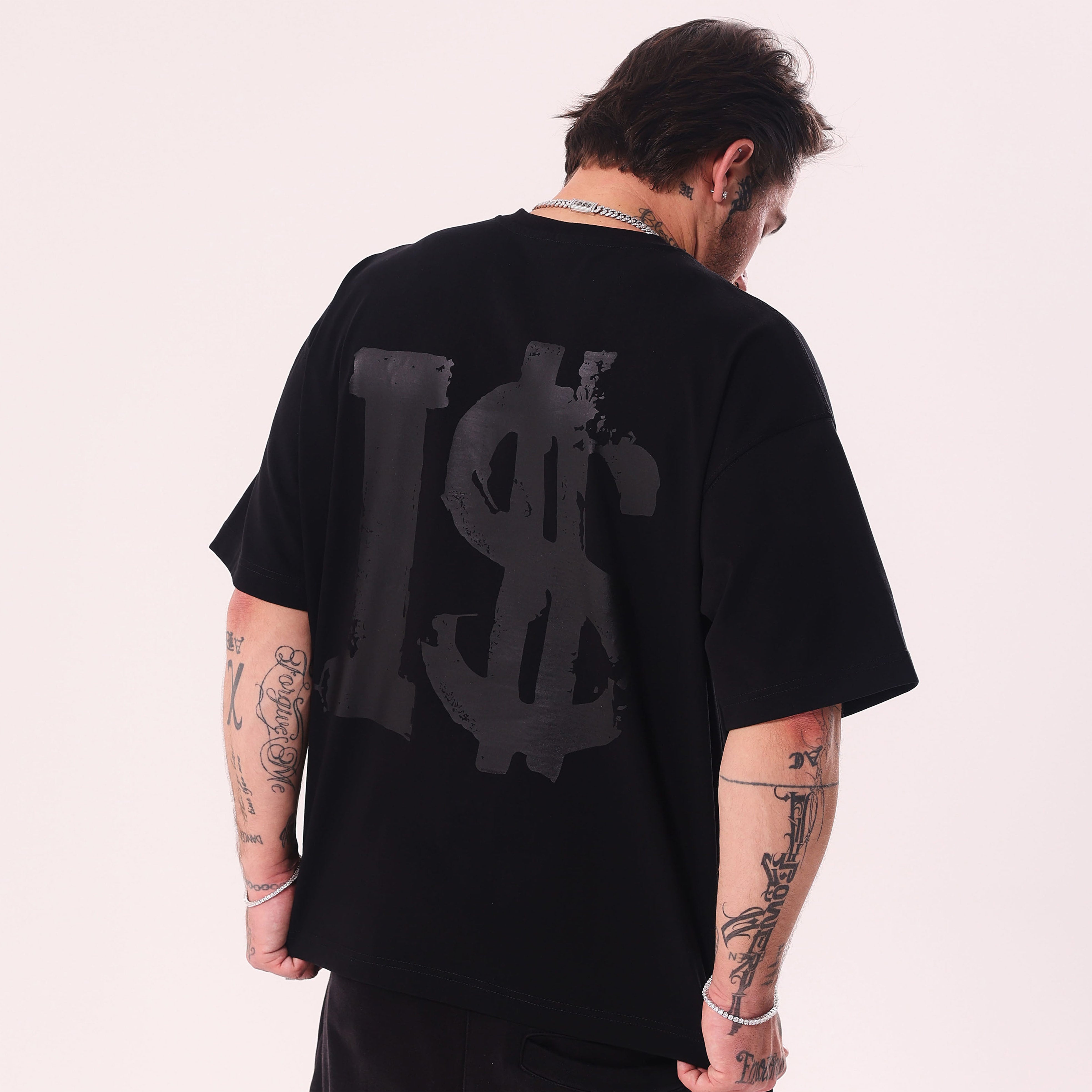 I$ Leather Print Black Boxy Fit T-Shirt