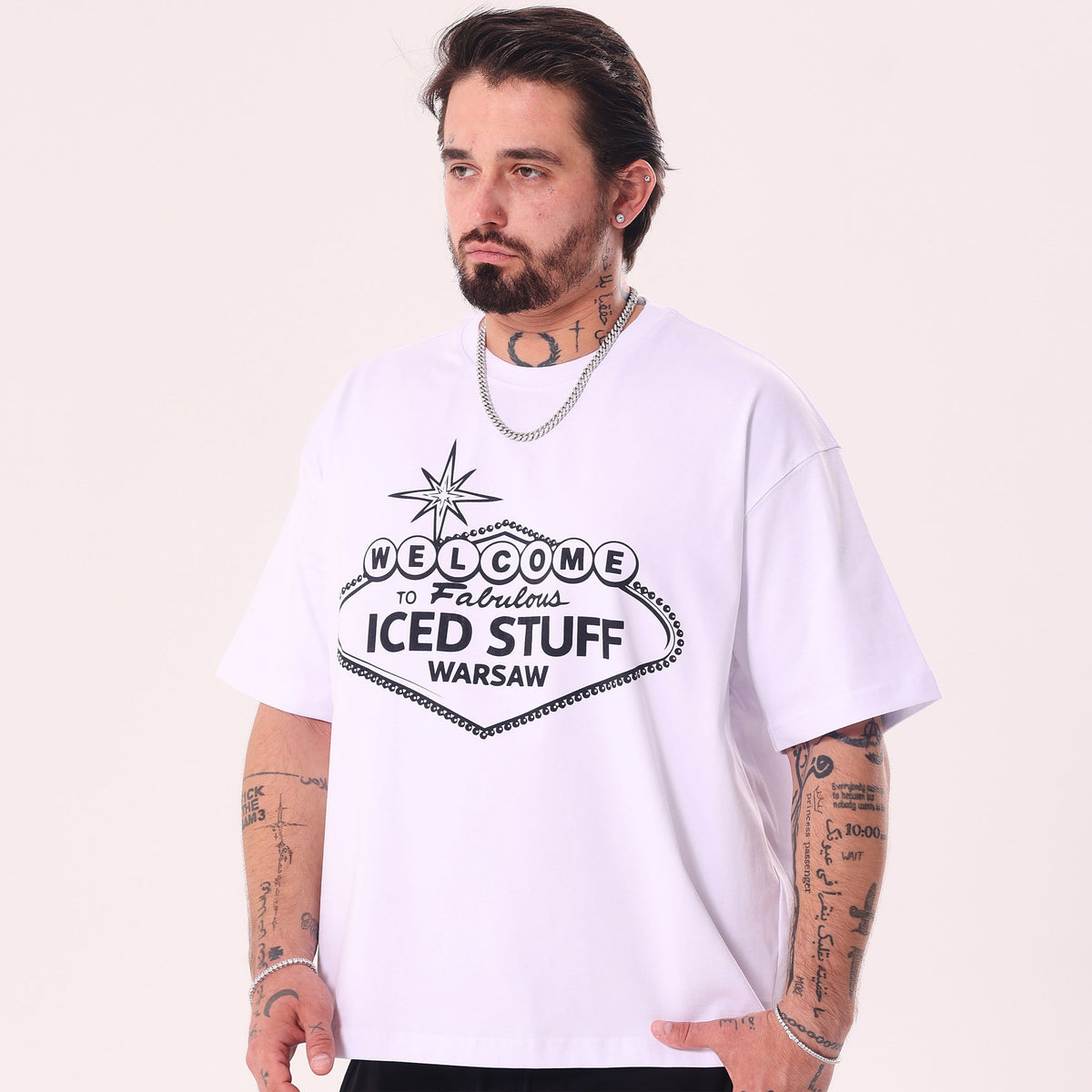 Welcome to ICED STUFF White Boxy Fit T-Shirt