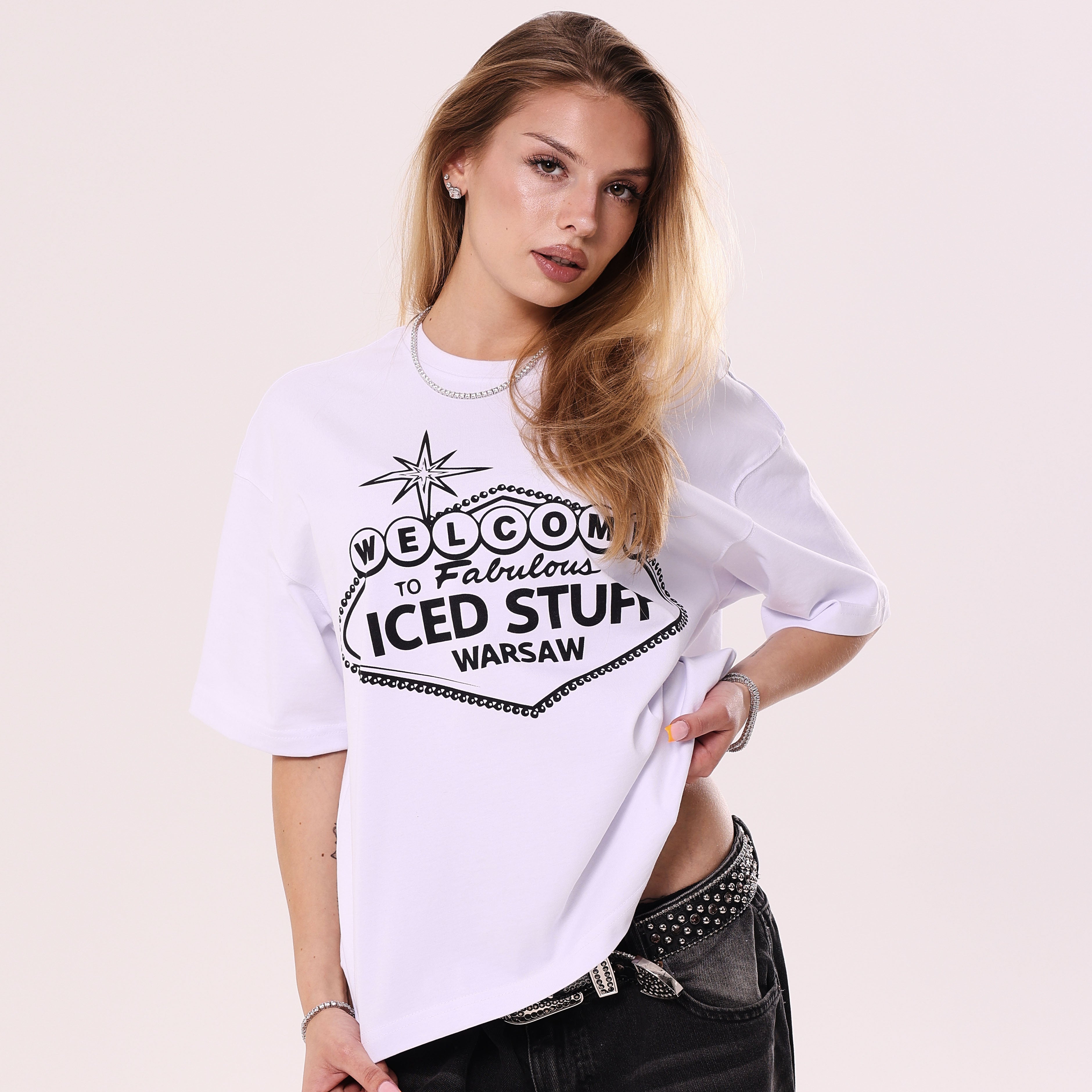 Welcome to ICED STUFF White Boxy Fit T-Shirt