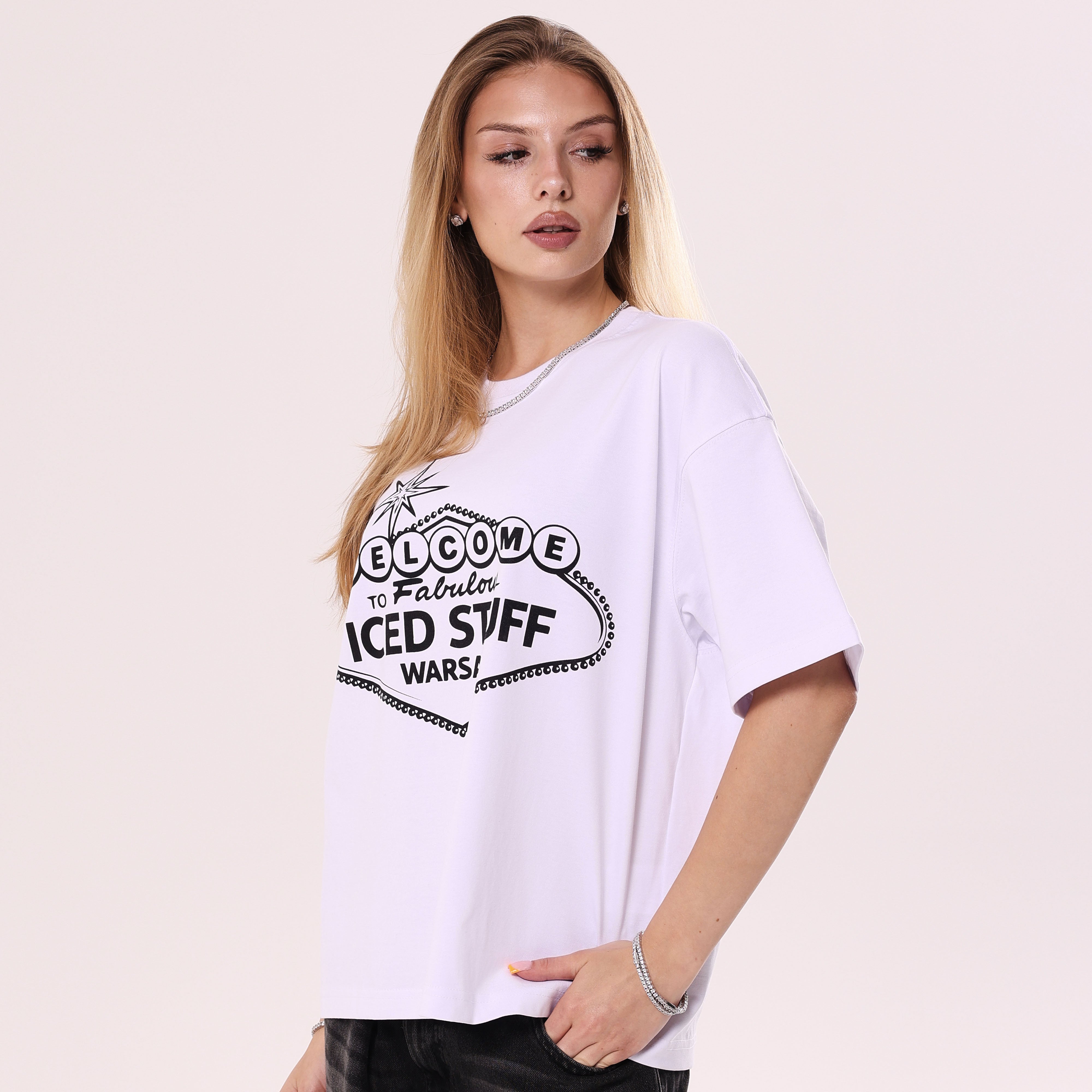 Welcome to ICED STUFF White Boxy Fit T-Shirt