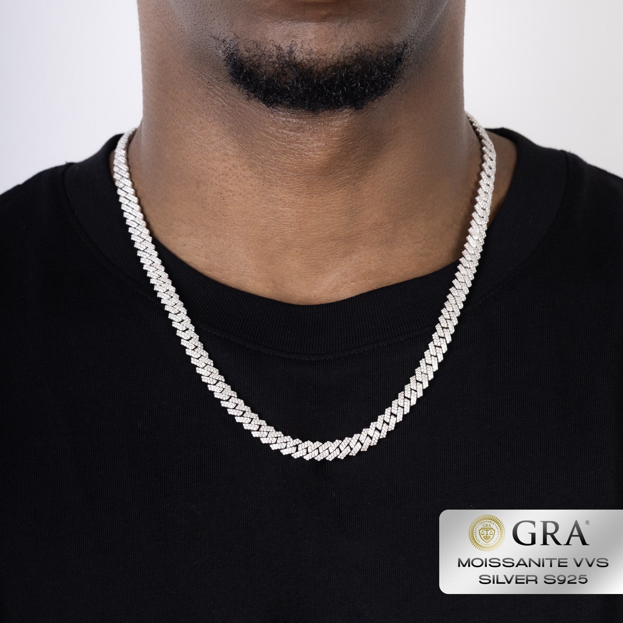 Chaîne à maillons cubains en or blanc 925 avec diamants et moissanite VVS de 8 mm