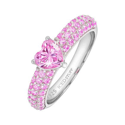 Crystal Heart Pave Pink Ring in White Gold S925