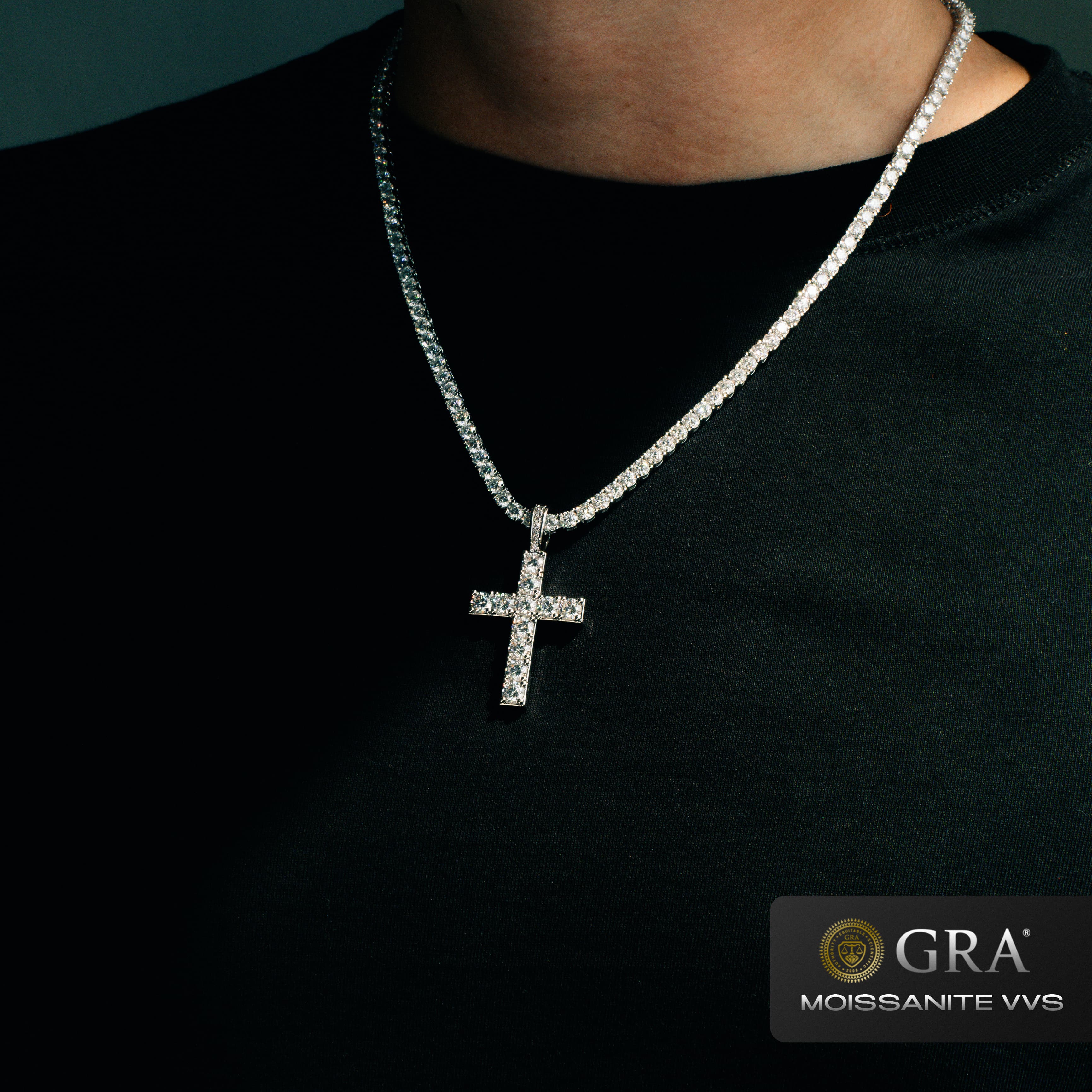Diamond Cross Pendant VVS Moissanite White Gold